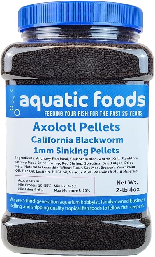 Aquatic Foods Inc. Axolotl Blackworm Pellets. 1mm-1/32 Sinking California Blackworm Micro Pellets for Baby Axolotl, Frogs, Shrimp, Salamanders, Newts, Snails…2-lbs 4oz Jar