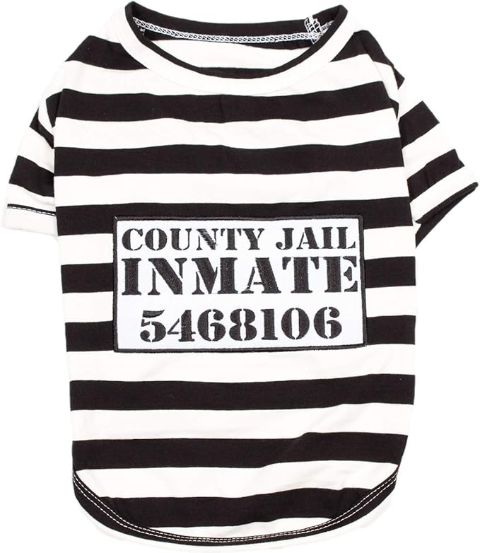 Parisian Pet Dog Shirt - Prisoner Dog Costume - 100% Cotton Black and White Strips Dog Clothes - Lightweight Polyester Dog Shirts - Sleeved Dog Costume for Medium Dogs - Pet Costumes - L