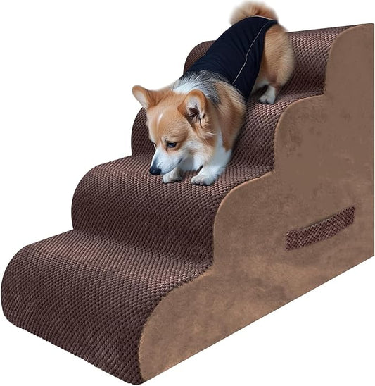 PAWSCART Dog Stairs for Small Dogs and Cats, 4-Step Dog Steps for Bed, 19.6" H Pet Stairs for High Bed, Pet Ramp for Couch, Sofa, Non-Slip Surface Removable Washable Cover, Brown