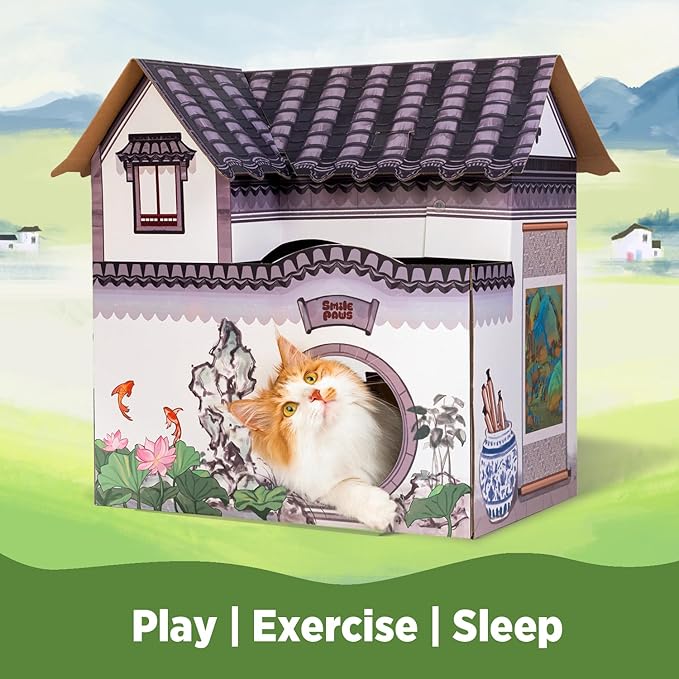 Cat Beds for Indoor Cats, Cardboard House with Scratchers, Tea House, Large Sturdy Cat Furniture Condo Cave Tent, Easy to Assemble Pet Toys Accessories Stuffs, Bunny Small Animals