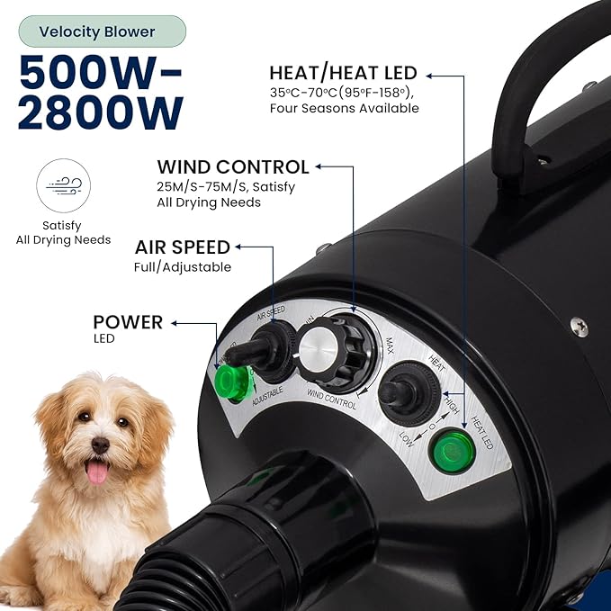 My Pet Command Dog Dryer Blower, Ultra Quiet, Professional High Velocity Blower Adjustable Hot and Cold Airflow, for Drying Deshedding with Accessories, 110V, 500W-2800W 4.5HP