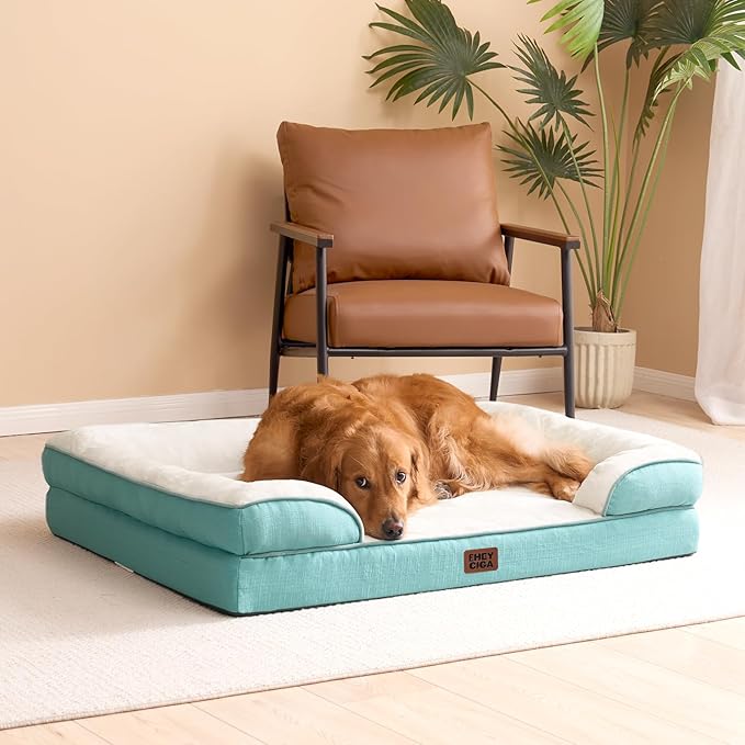 EHEYCIGA Orthopedic Dog Beds for Extra Large Dogs, Waterproof Memory Foam XL Pet Bed with Sides, Non-Slip Bottom and Egg-Crate Foam Big Dog Couch Bed with Washable Removable Cover, Turquoise Blue