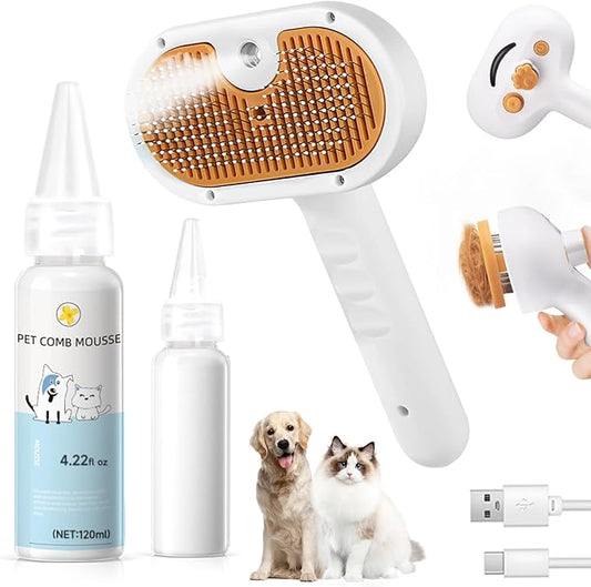 Pet Steam Brush for Dog & Cat – 3-in-1 Spray Hair Removal Comb – Steam for Shedding & Grooming – Water Brush for Long & Short Haired Pets – Spritz Defur Comb – Includes Waterless Shampoo