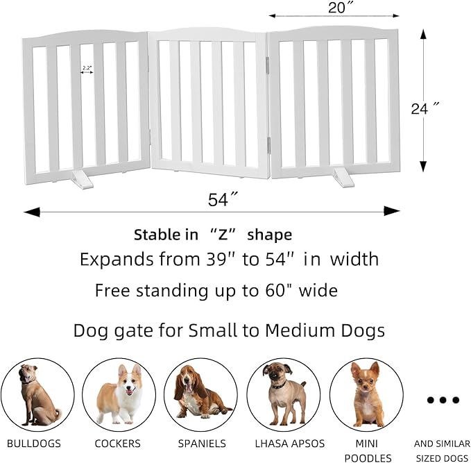 ZJSF Foldable Freestanding Indoor Dog Gate for House Wood White Long Pet Gates Dog Fence for Stairs Puppy Gates for Hallways,Pet Fence, Puppy Gate,Support Feet Included 24 "Height-3 Panels
