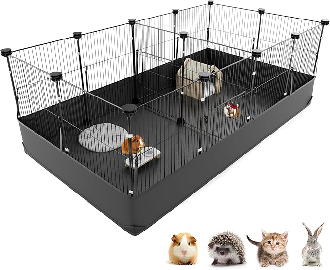 Tresbro Guinea Pig Playpen with 14 Panels & Divided Room, Triple Fixing Measures Small Animal Cage with Waterproof PVC Liner & One-Motion Hooks, Rabbit, Bunny, C&C Grids Cage 48 x 24 x 16 Inches