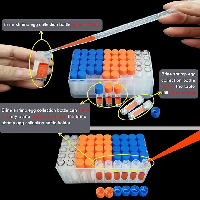 Brine Shrimp Egg Dispense Storage Kit with 50 Egg Collection Bottles, Holder, 3 Aquarium Feeders, 2 Automatic Feeding Bottles, Collecting Net