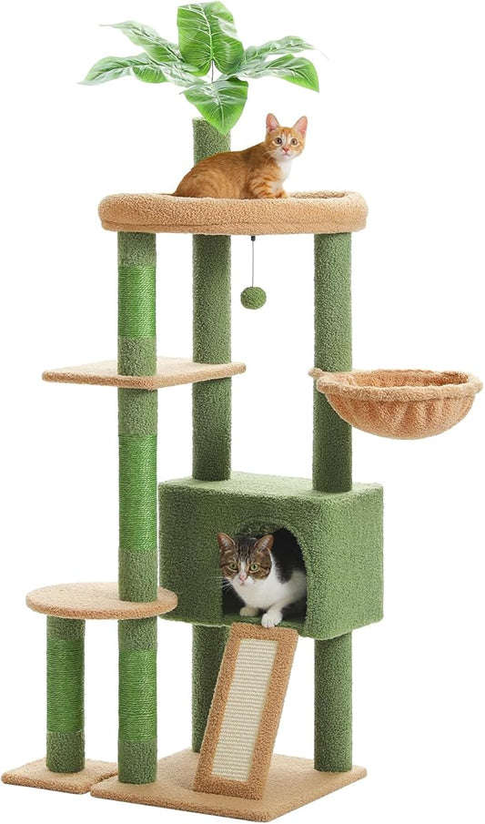 PEQULTI 53'' Cat Tree for Indoor Cats, Large Condo, Sisal Scratching Posts, Hammock & Perch, Fresh Cactus Design, Sturdy, Multi-Level