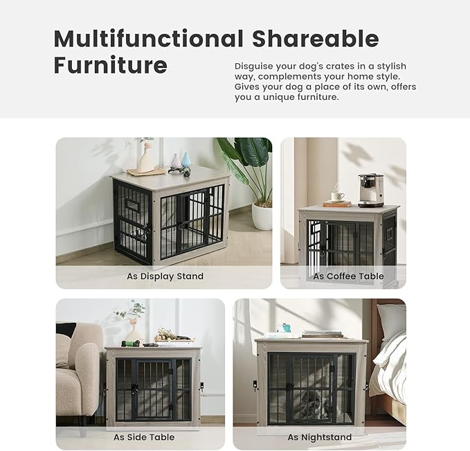 Gardner Pet Dog Crate Furniture for Medium Dogs, 32.7 Inch Dog Kennel Indoor, Wooden Dog Cage End Table with 2 Removable Bowls, Heavy Duty Dog Crate, Rustic Grey