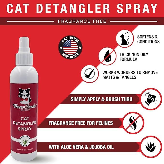 Warren London Cat Detangler Spray Bundle with Pin Brush for Matted Hair | Leave in Conditioner Pet Detangling Spray That Demattes & Refreshes | 8oz w/Pin Brush