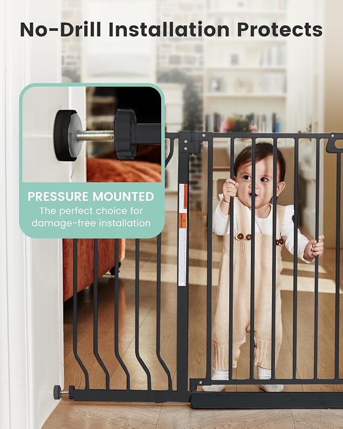 Mom's Choice-GROWNSY Baby Gate for Stairs, 29.5"-48.4" Pressure Mounted Baby Gate for Top of Stair&Doorway with Y-Spindle Rods, Anti-Trip Pedal, Wide Stairs Dog Gate Easy Install w/Red Reminder,Black