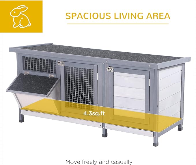 PawHut Wooden Rabbit Hutch Bunny Hutch Cage Guinea Pig with Waterproof Roof, No Leak Tray and Feeding Trough, Indoor/Outdoor, Gray