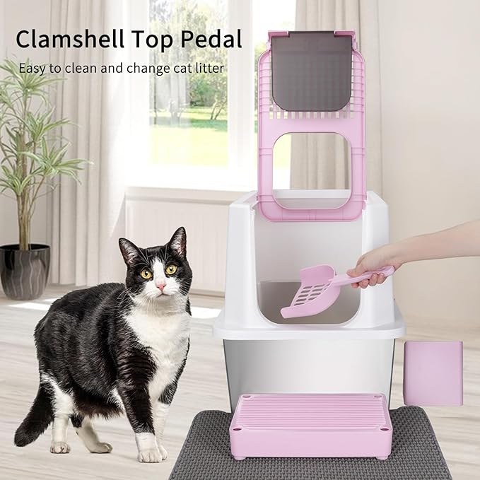 RIZZARI Stainless Steel Cat Litter Box, Odorless Enclosed Litter Box with Top Holes, Large Litter Pan for Small to Large Sized Cats (Dark Pink, 24" L*16" W*18" H)