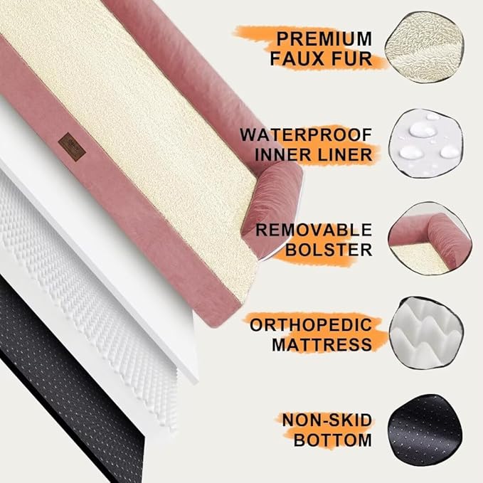 Orthopedic Washable Large Dog Bed, Pink Dog Beds with Removable Cover, Large XXXL Pet Dogs with Bolster, Washable Dogs Beds Sofa with Orthopedic Egg Foam for Medium Large Pet