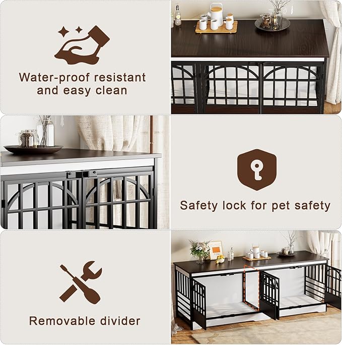 COZPAW 86 Inch Double Dog Crate Furniture for 2 Large Dogs, Decorative Dog Kennel Indoor TV Stand, Heavy Duty Wooden Dog Cage for Large Medium Dogs Sized Dog Pet House with Divider (White)