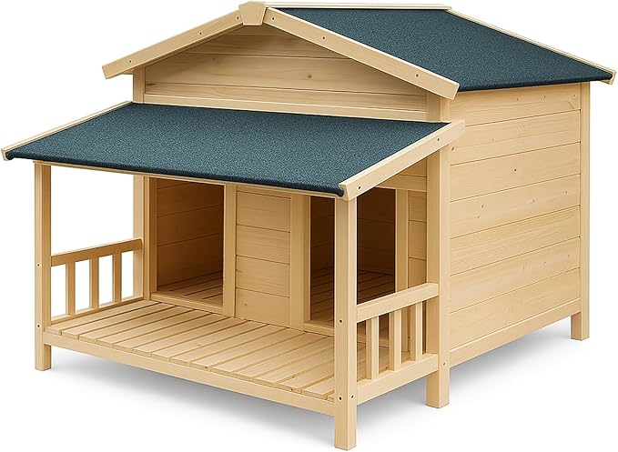 Large Outdoor Wooden Dog House – Weatherproof Double Kennel with Asphalt Roof & Covered Porch, Ideal for Medium to Large Breeds