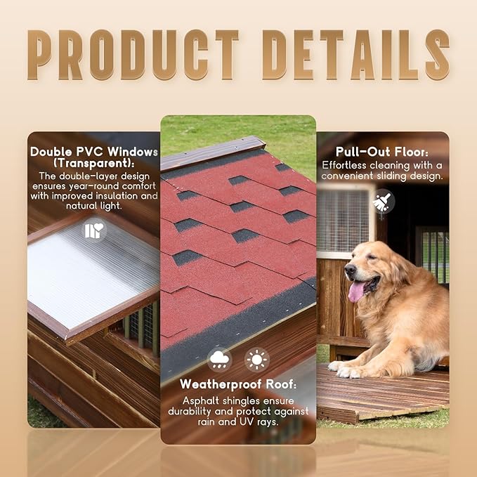 Extra Large Dog House Outdoor Made of Solid Pine Wood, Warm Doghouse, Dog House with Elevated Floor for Large Dogs, (Wood, 5XL)