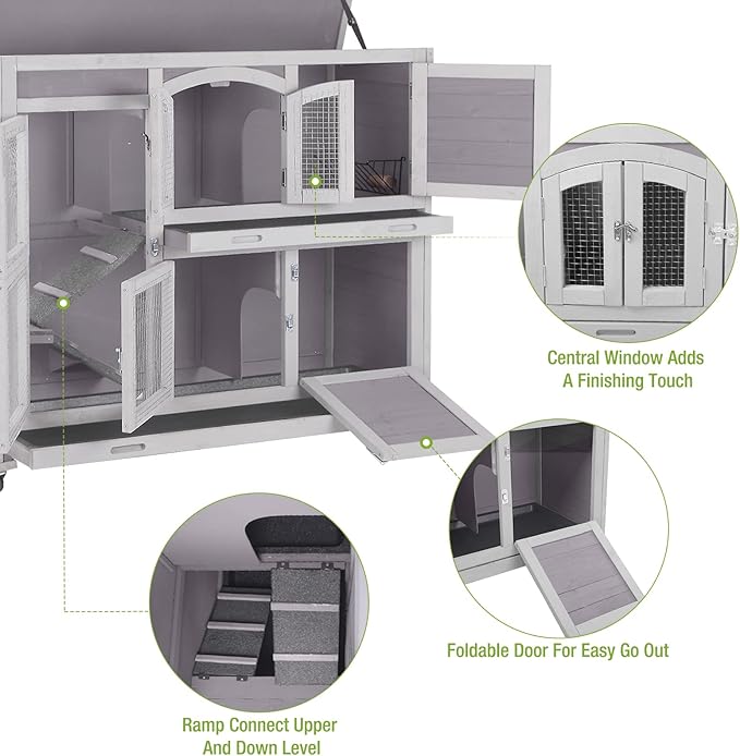 GUTINNEEN Rabbit Hutch Indoor Outdoor Bunny House Guinea Pig Cage on Wheel with Plastic Tray 47inch