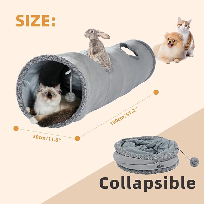 PAWZ Road Cat Tunnel 51 Inches Long Cat Toys Collapsible Tunnel 12 Inches in Diameter Large Cats Tube for Big Cats,Rabbits and Puppy- Large