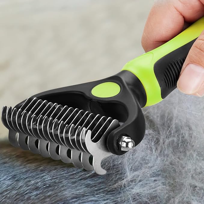 Pet Grooming Tool - 2 Sided Undercoat Rake for Cats and Dogs - Safe Dematting Comb for Easy Mats & Tangles Removing - No More Nasty Shedding and Flying Hair