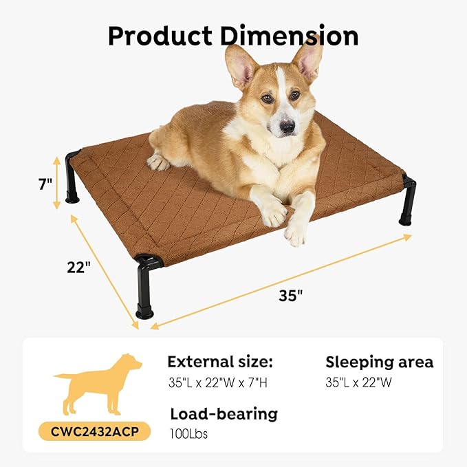 Veehoo Soft Plush Elevated Dog Bed, Raised Dog Beds with Heavy Duty Frame, Non-Slip Silicon Feet, Washable & Breathable Pet Cot for Indoor or Outdoor Use, 35" x 22", Brown, CWC2432A