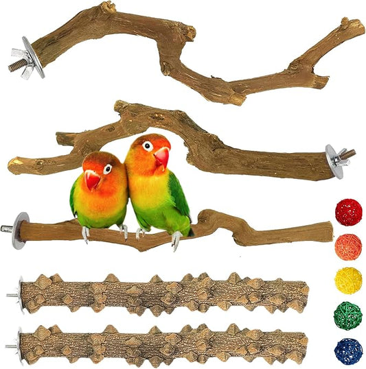 kathson 5pcs Natural Parrot Perch for Cage Wooden Bird Perches Grape Bird Stick Parakeet Climbing Standing Branches Toy Chewable Cage Accessories for Small Budgies Cockatiels Lovebirds Budgies