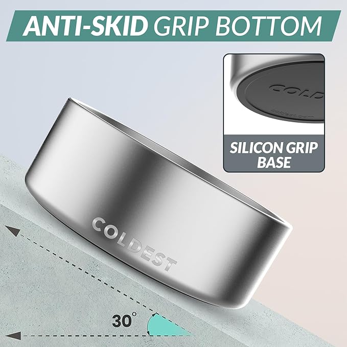 Coldest Dog Bowl - Anti Rust Metal, Non Slip, 3 Layers Insulated Stainless Steel Dog Bowls - Spill Proof & Heavy Duty - Water Bowl for Dogs, Cats, Dish Washer Safe (64 oz, Polished Stainless Steel)