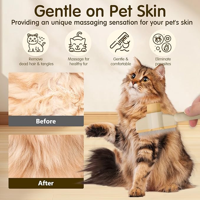 [ 2 Packs ] Pet Hair Removal Comb Flea Comb, New Cat Brush with Release Button Pet Hair Grooming Brush Supplies (Yellow+Green)