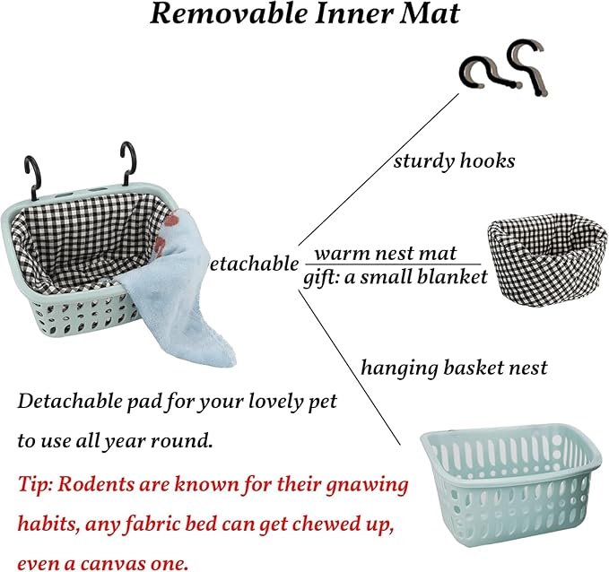 JWShang Rat Hammock for Cage, Chew Proof Hanging Basket Bed with Sturdy Hooks, Pet Cage Accessories, Safe Cozy Small Animal Rodent Hammock for Sugar Glider Mice Snuggling Sleeping (Blue, Large)