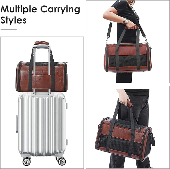 Fashion Leather Dog Carrier, Airline Approved Cat Carrier Soft Sided Pet Bag Carrier Purse for Puppy Kitten Small Animals Coffee