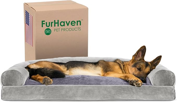 Furhaven Pillow Dog Bed for Large Dogs w/ Removable Bolsters & Washable Cover - Faux Fur & Velvet Sofa - Smoke Gray, Jumbo/XL