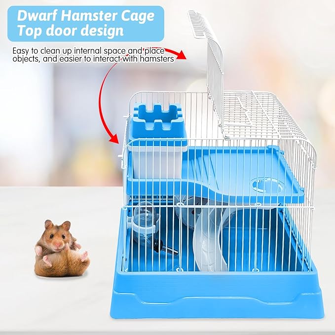 PINVNBY 2-Tier Dwarf Hamster Cage, Travel Portable Mouse Cage Gerbil Cages and Habitats Small Animal Carrier with Castle House Running Exercise Wheels, Water Bottle and Food Dish(Gray)
