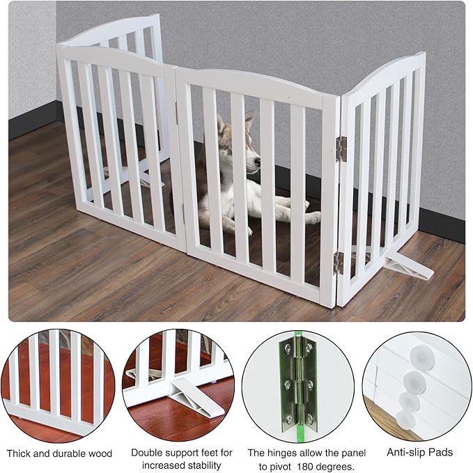 ZJSF Foldable Freestanding Indoor Dog Gate for House Wood White Long Pet Gates Dog Fence for Stairs Puppy Gates for Hallways, Puppy Gate,Support Feet Included 32 "Height-4 Panels