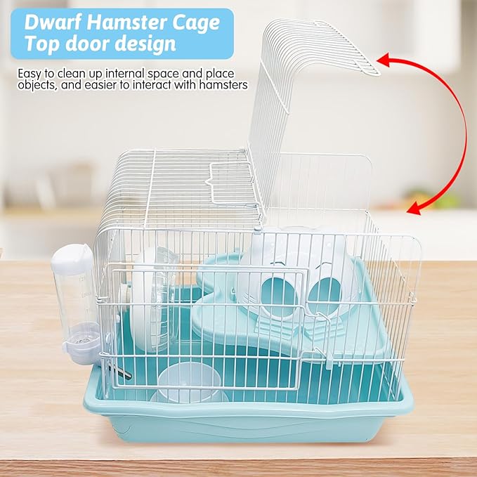 PINVNBY Dwarf Hamster Cage, Small Animal Cages, 2-Tier Travel Portable Mouse Cage Hamster Carrier with Castle House Running Exercise Wheels, Water Bottle and Food Dis（Blue）