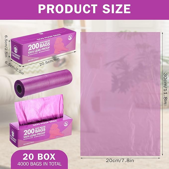 Sherr 20 Boxed Rolls 4000 Counts Dog Poop Bags Bulk Leak Proof Dog Waste Bags Universal Pet Doggy Waste Poop Box for Puppy Pets Outdoor Walking and Travel, 20 Rolls of 200 (Purple)