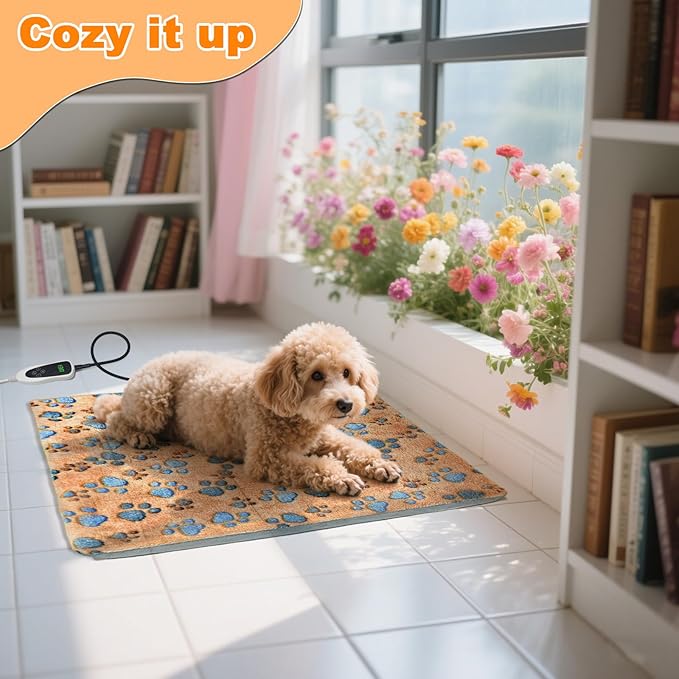 Cat Heating Pad，18×18 In Dog Heated Bed Smart Temperature Control Switch, Metal Protective Pipe Waterproof PVC Cat Beds For Indoor Cats With a Plush Cotton Cover，Heat Lamp For Puppies - Apricot