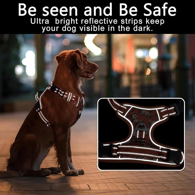 Timos Dog Harness for Large Dogs, No Pull Service Vest with Reflective Strips and Control Handle,No Choke Dog Harness with 2 Metal Rings for Easy Walking,Outdoor Training,Flower Orange, XL