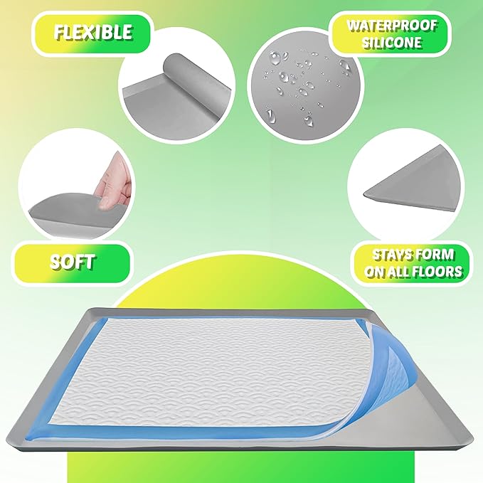 TidyFriend Dog Pee Pad Holder Tray Fits for 27.5” x 44” Wee Wee Pee Pads - Stable Grip, Raised Edges, Quick-Wipe Silicone Surface Dog Potty Tray Holder for Indoor Flooring Protection (Light Grey)