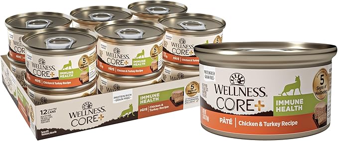Wellness CORE+ Immune Health Pate Adult Wet Cat Food, Natural, Protein-Rich, Grain Free, 2.8 Ounce, 12 Pack (Chicken & Turkey)