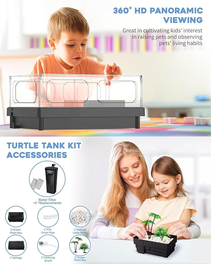 Small Turtle Tank, Aquarium, Acrylic Terrarium with Basking Platform, Bottom Drainage, Multi-Function Areas for Turtles, Crabs, Crayfish, Reptiles.(Black+Filter)