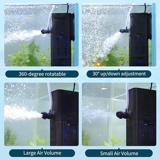 Aquarium Filter Water Flow Adjustable for 20-75 Gallon Fish Turtle Tank 264GPH 4in1 Biochemical Filtration Powerful Submersible Internal Pumps & Filters Keep Freshwater Saltwater Crystal Clear Small