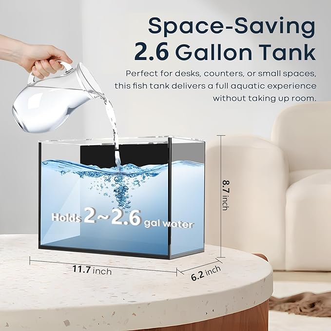 2.6 Gallon Glass Fish Tank Cube, Small Aquarium Fish Bowl for Betta Goldfish Snails Shrimp Aquatic Planting, Easy to Maintain Ultra Clear Rimless Design for Desktop Small Spaces