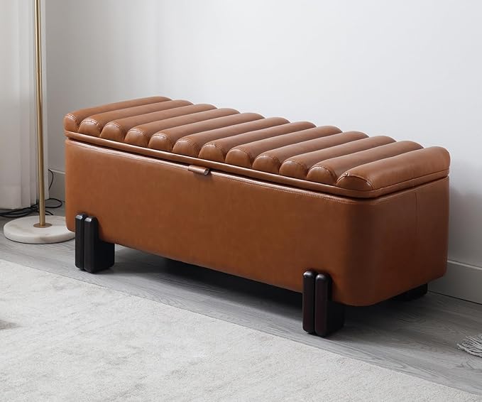 Kmax 45" Storage Bench PU Leather Entryway Bench Upholstered Ottoman Bench with Wavy Top & Safty Hinge for Bedroom Living Room Hallway, Brown
