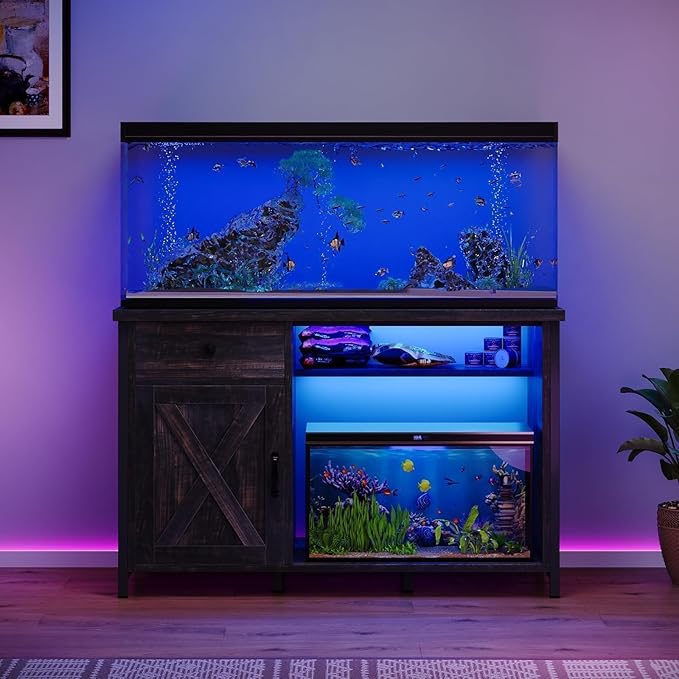 4ever2buy 55 Gallon Fish Tank Stand with LED Light & Power Outlets, 55-75 Gallon Aquarium Stand with Drawer & Barn Door, Cabinet for Fish Tank Accessories Storage for Reptile Tank, Turtle Tank, Oak