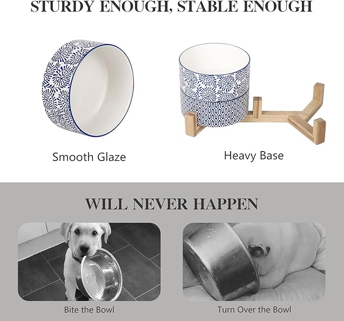 Selamica Ceramic 30 OZ Dog Bowls, Dog Food and Water Bowls with Wooden Stand, Anti-Slip Dog Dishes Set for Cats Small & Medium Sized Dogs, Weighted Pet Bowls Set of 2, Vintage Blue B