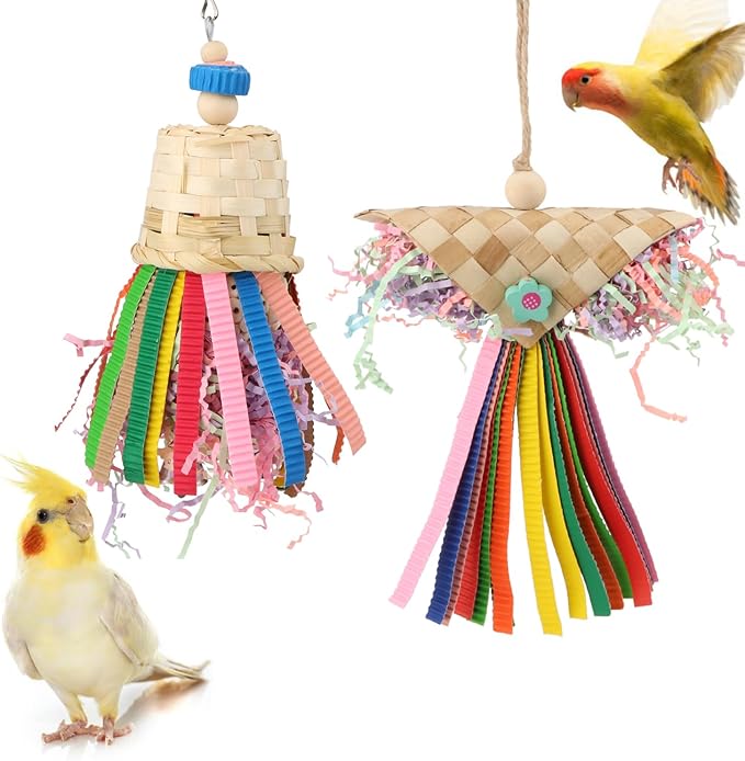 Wontee Bird Colorful Shredding Crinkles Foraging Toys Natural Sola Ball for Parrots Cockatiels Conures Budgies Senegal (Shredder Toys (2 Pack))