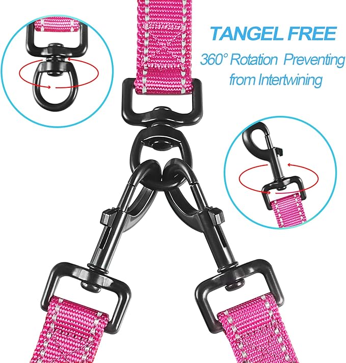 PetBonus Double Dog Leash, No Tangle Dual Leash, Reflective Walking Training Lead, 4 Comfortable Padded Handles for 2 Dogs with Collapsible Bowl and Waste Bags (Pink, Large)