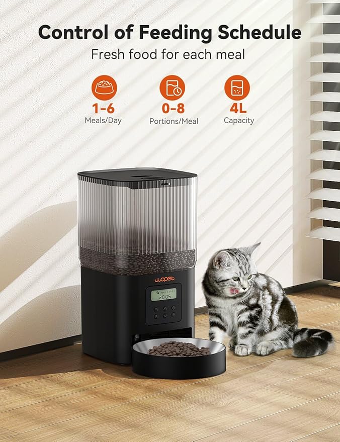 WOPET Automatic Cat Feeder, WiFi Dog Feeder with APP Control for Remote Feeding, Automatic Cat Food Dispenser with 10S Voice Record,1-10 Meals Per Day for Cats and Dogs (Black-Standard)