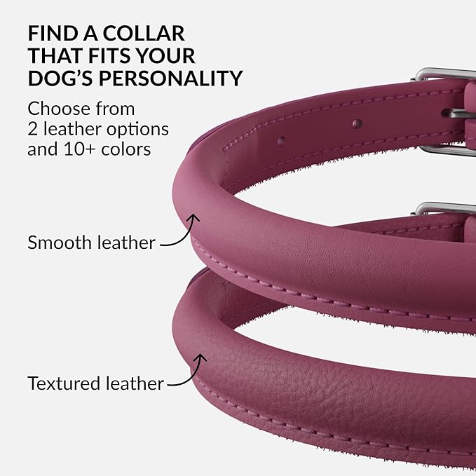 CollarDirect Rolled Leather Dog Collar, Soft Padded Round Puppy Collar, Handmade Genuine Leather Collar Dog Small Large Cat Collars 13 Colors (15-19 Inch, Pink Smooth)