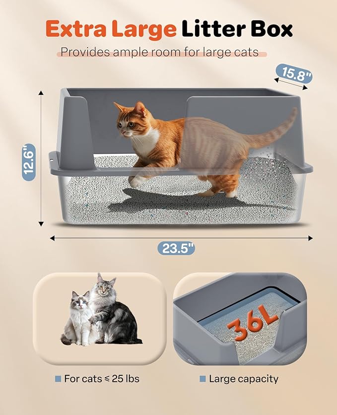 Stainless Steel Litter Box with Lid, 23.5" L x 15.8" W x 12.6" H, XL Metal Cat Box for Big Cats, High Sided Kitty Litter Box with Scoop & Pee Pads, Non-Sticky, Anti-Leakage, Easy to Clean (Gray)