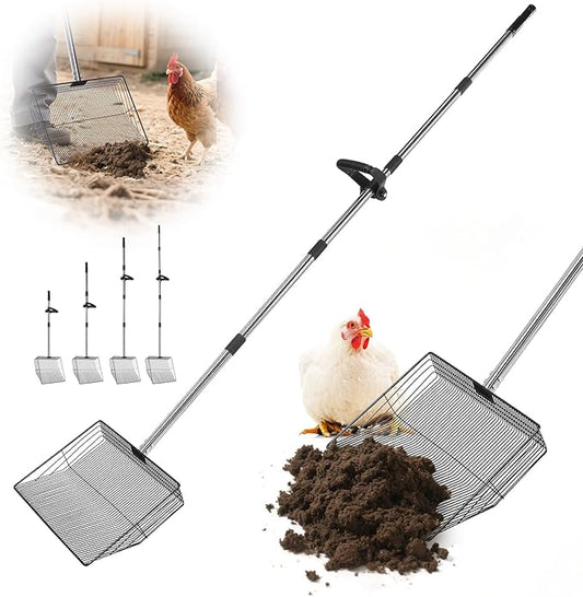 15inch Large Chicken Poop Scooper with Ergonomic Grip, 5 in 1 Adjustable Chicken Coop Pooper Shovel (24 to 76.5"), Stainless Steel Litter Sifting Shovel Scoop for Chicken Coop/Goat Stall/Stable